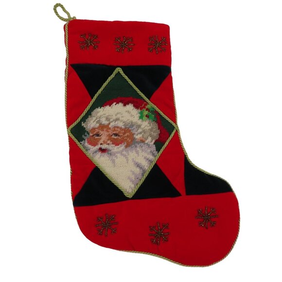 Santa Claus Needlepoint Red Green Velvet Beaded Snowflake Christmas Stocking - Picture 1 of 8